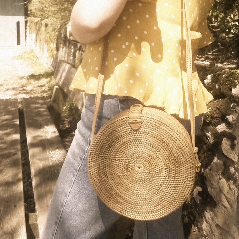 Sac Rond En Rotin Blanc Trintura - Bandoulière Cuir Tressé Longue 130 Cm - Style Boho Chic 20 Cm