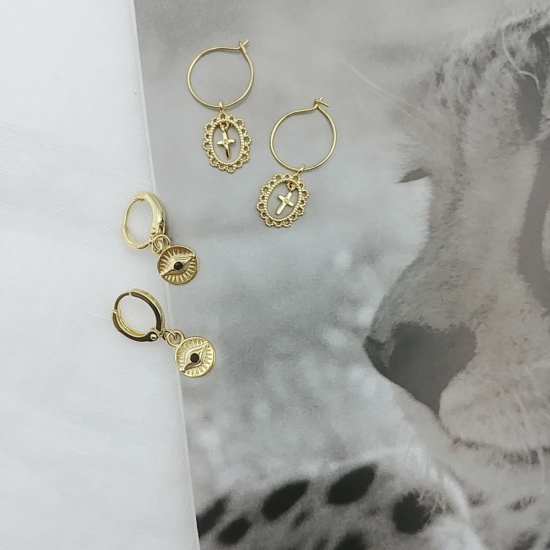 petites mini baby créoles plaqué or oeil croix bijoux tendance bohème chic