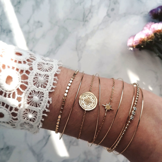 bijoux créateur tendance pièce antique bohème 7 bracelet jonc semainier plaqué or étoile