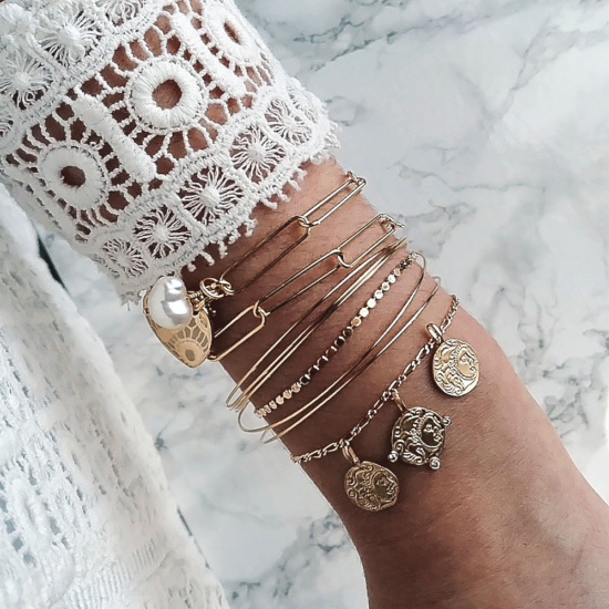 bijoux créateur tendance bohème 7 bracelet jonc semainier plaqué or perle maille xl coeur