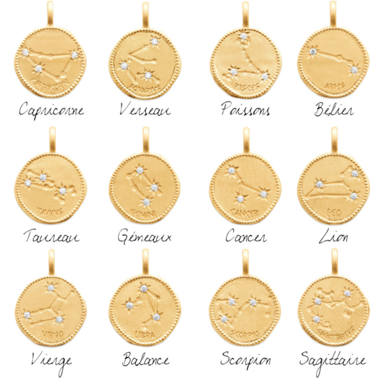 collier pendentif médaille signe astrologique constellation zodiaque nom latin plaqué or étoiles zircons bélier capricorne verseau poissons taureau gémeaux cancer lion vierge balance scorpion sagittaire