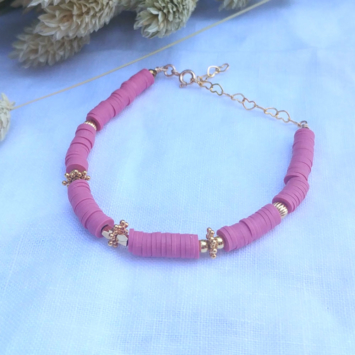 bracelet heishi surfeur rose perles bohème plaqué or fait main créateur france