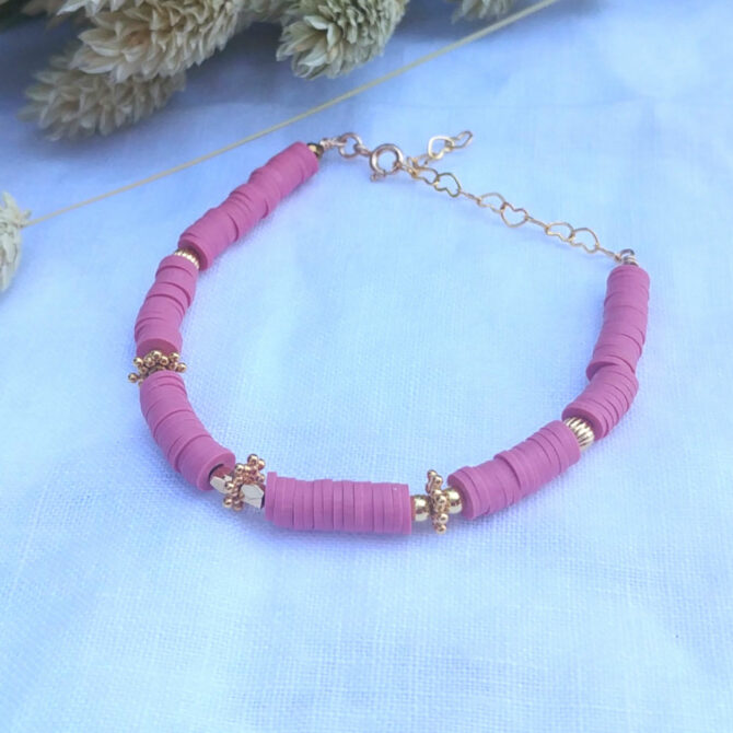bracelet heishi surfeur rose perles bohème plaqué or fait main créateur france