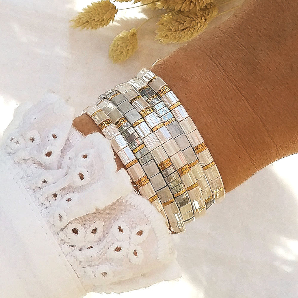 Combo 3 bracelets nacre blanche perles Miyuki et chrysocolle