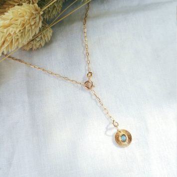 collier Y cravate pendentif médaille soleil pierre de lune plaqué or