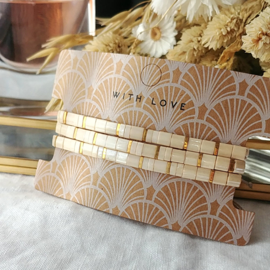 bracelets tendance perles plates en verre carrées japonaises miyuki or blanc beige bijoux créateur france fait main