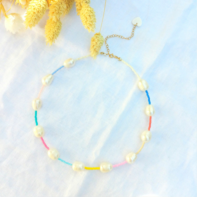 collier tendance perles eau douce perles colorées été or fait main bijoux créateur