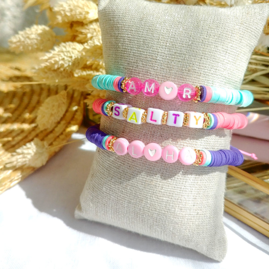bracelets mot à personnaliser tendance fait main bracelet heishi surfer bohème bijoux créateur
