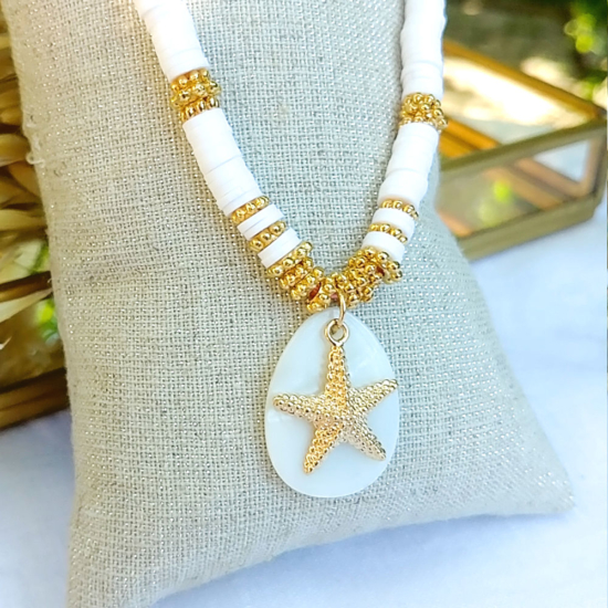collier heishi surfer bohème blanc étoile de merbijoux or fait main bijoux créateur français