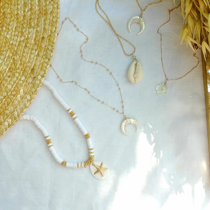 colliers heishi nacre coquillage cowrie cauri bijoux or fait main bijoux créateur