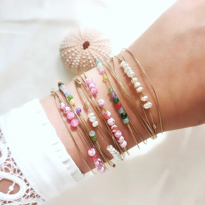 bracelets joncs semainier perles pierre agate rose destroy argent 925 ou or fait main bijoux créateur tendance