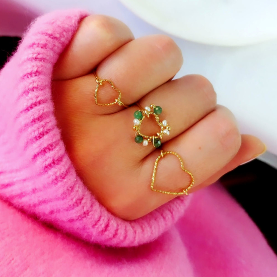 bague coeur tissage broderie perles émeraude fait main or fil gold filled bijoux createur instagram france fait main