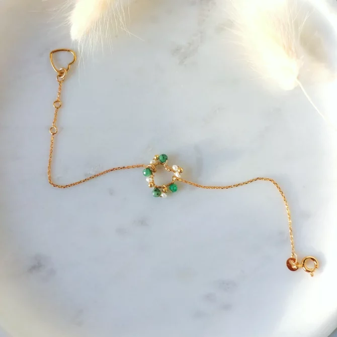 bracelet et bague coeur tissage broderie perles émeraude fait main or fil gold filled bijoux createur instagram france fait main