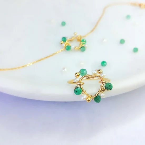bracelet et bague coeur tissage broderie perles émeraude fait main or fil gold filled bijoux createur instagram france fait main