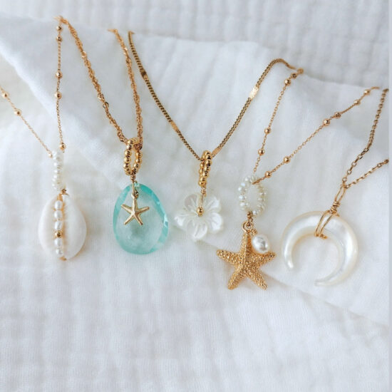 collier tendance été summer coquillage cauri nacre fleur or fait main bijoux créateur made in france