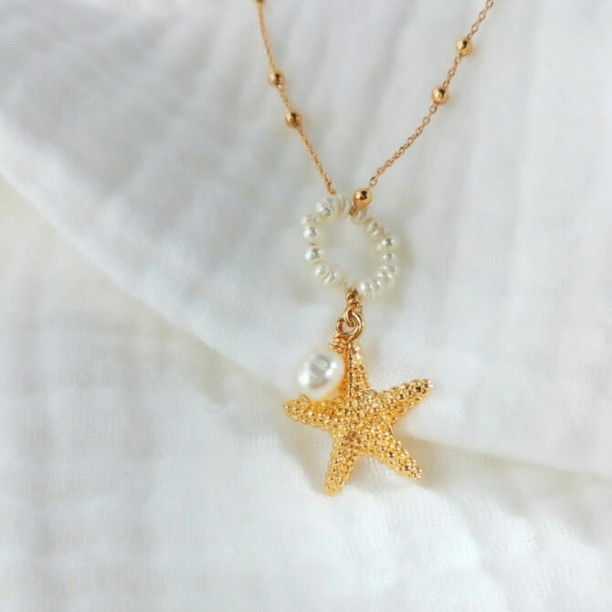 collier étoile de mer tendance été summer coquillage cauri nacre fleur or fait main bijoux créateur made in france