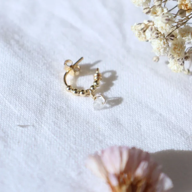 petites créoles avec pierre quartz herkimer boucle d'oreille fait main en france créatrice bijoux gold filled et argent 925